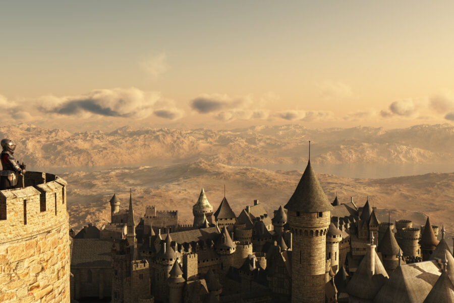 View of the skyline, a guard on a castle wall and the castle itself
