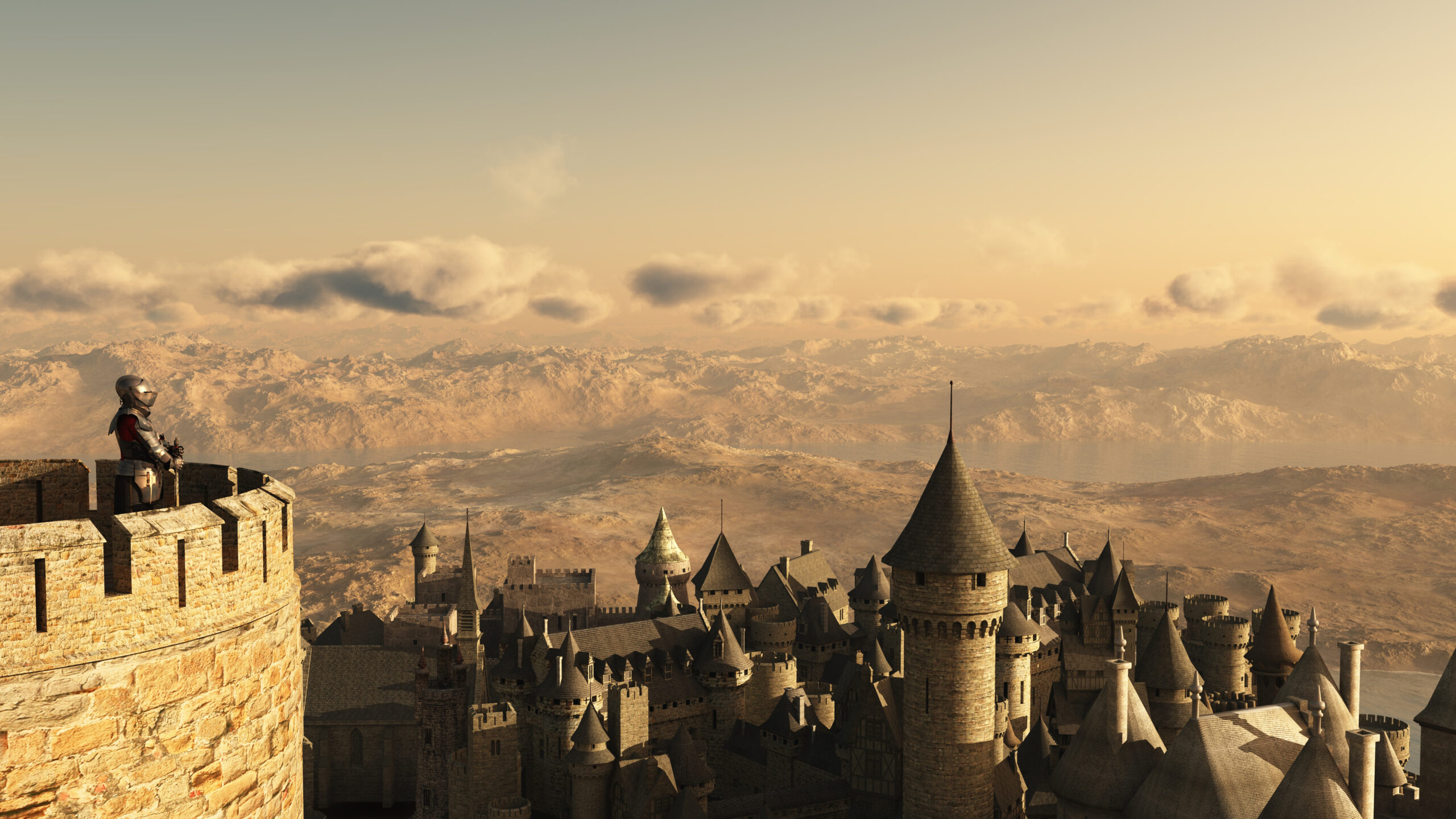 View of the skyline, a guard on a castle wall and the castle itself
