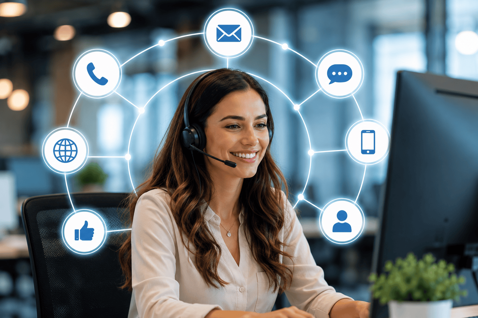 Representation of Omni-Channel with icons surrounding a female agent in a headset